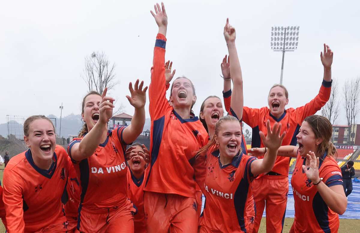 Players of Netherlands Women's team celebrate qualifying for the T20 World Cup 2026, ICC Women´s T20 World Cup 2026 Qualifier Super Six, USA vs Netherlands, Kathmandu, January 28, 2026