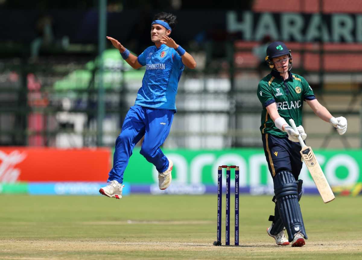 Abdul Aziz exults after dismissing James West, Afghanistan vs Ireland, Under-19 World Cup, Super Sixes, Group 1, Harare, January 30, 2026