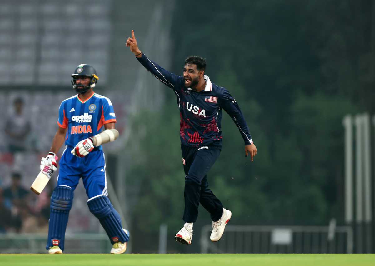 Shubham Ranjane celebrates a wicket, India A vs USA, Navi Mumbai, ICC Men's T20 World Cup Warm-up, February 02, 2026, 
