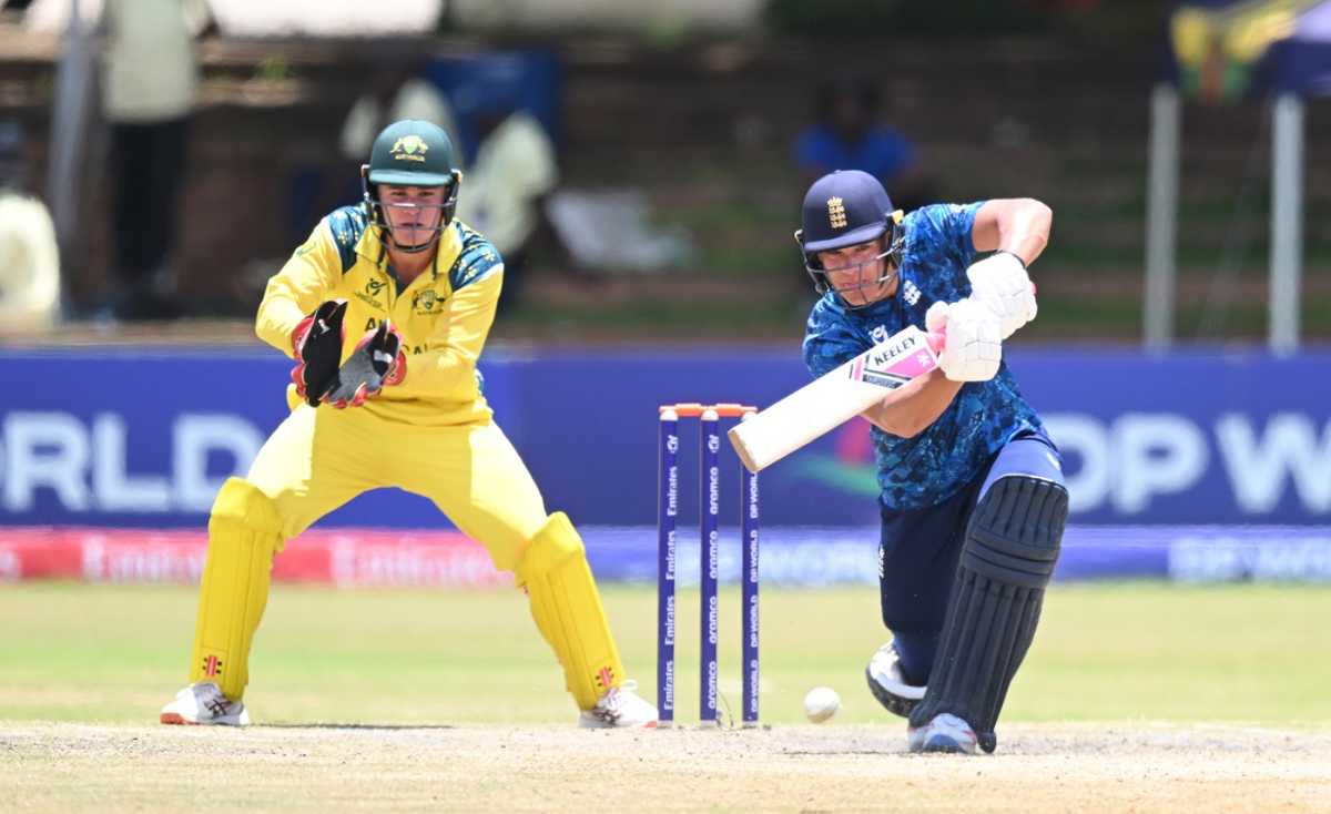 Caleb Falconer drives down the ground, Australia vs England, ICC Men's Under-19 World Cup, semi-final, Bulawayo, February 3, 2026