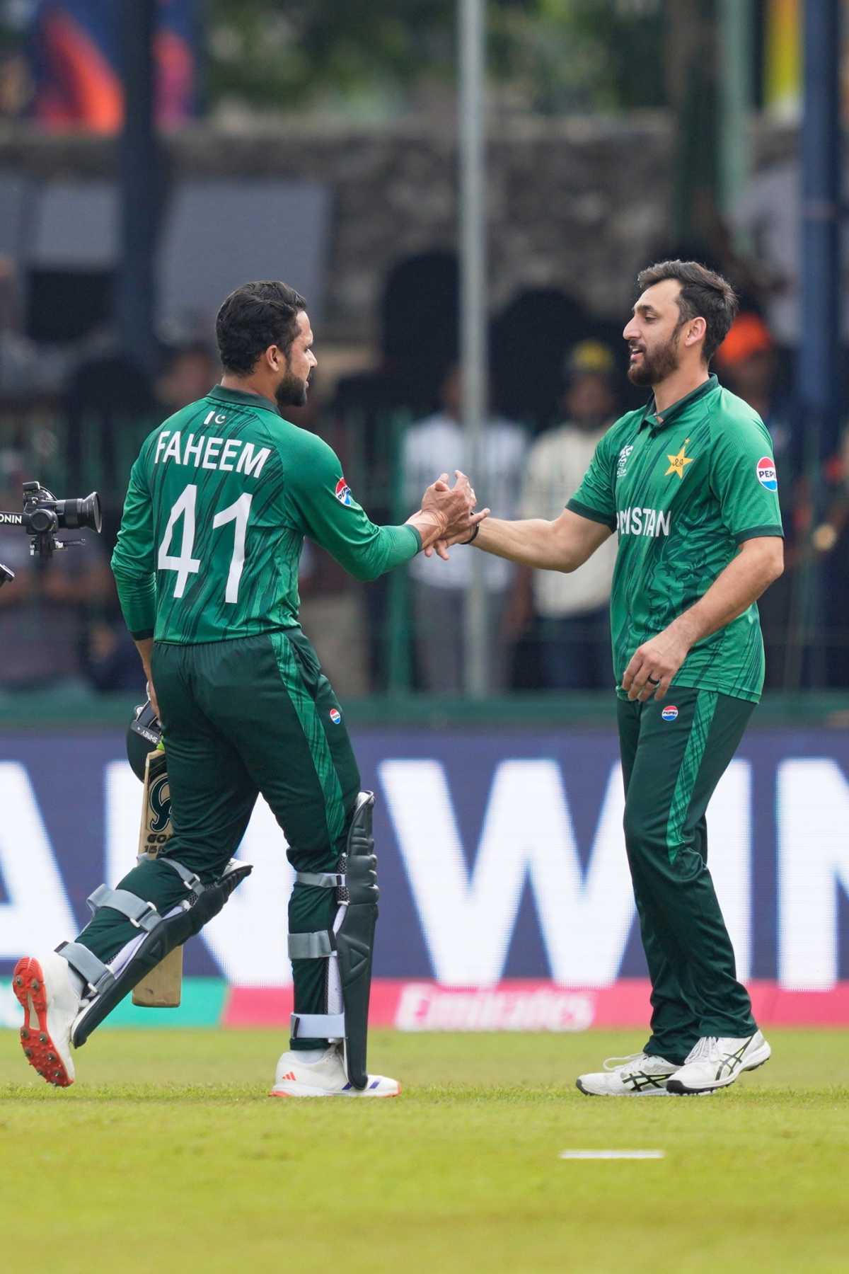 Faheem Ashraf is greeted by Salman Agha after the win, Netherlands vs Pakistan, T20 World Cup, Colombo, February 7, 2026