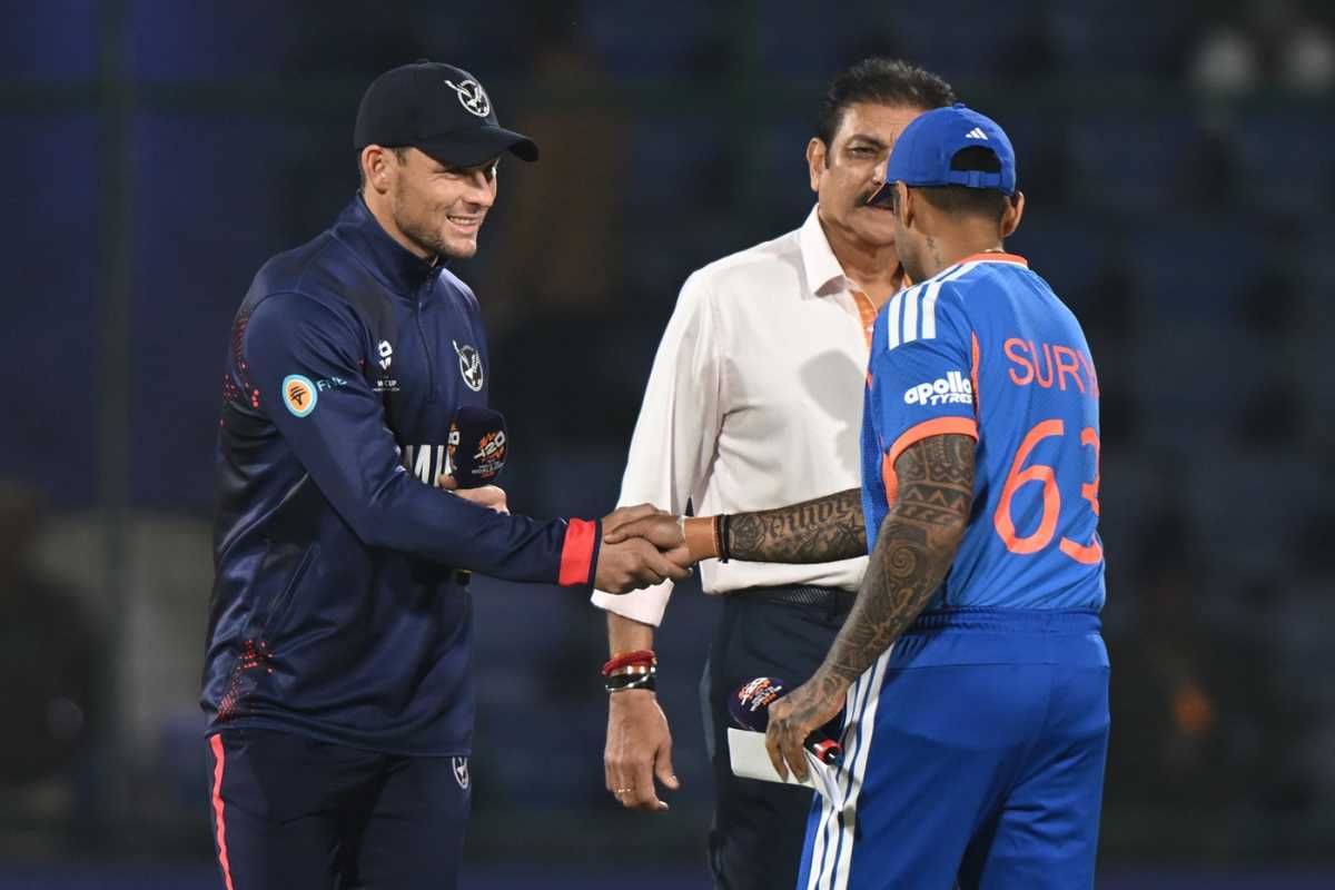 Gerhard Erasmus and Suryakumar Yadav with Ravi Shastri at the toss, India vs Namibia, Men's T20 World Cup, New Delhi, February 12, 2026