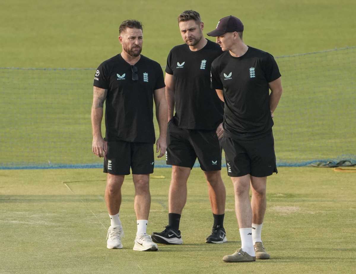 England head coach Brendon McCullum, selector Luke Wright and captain Harry Brook look at the Eden Gardens pitch, England vs Scotland, Men's T20 World Cup, Kolkata, February 13, 2026