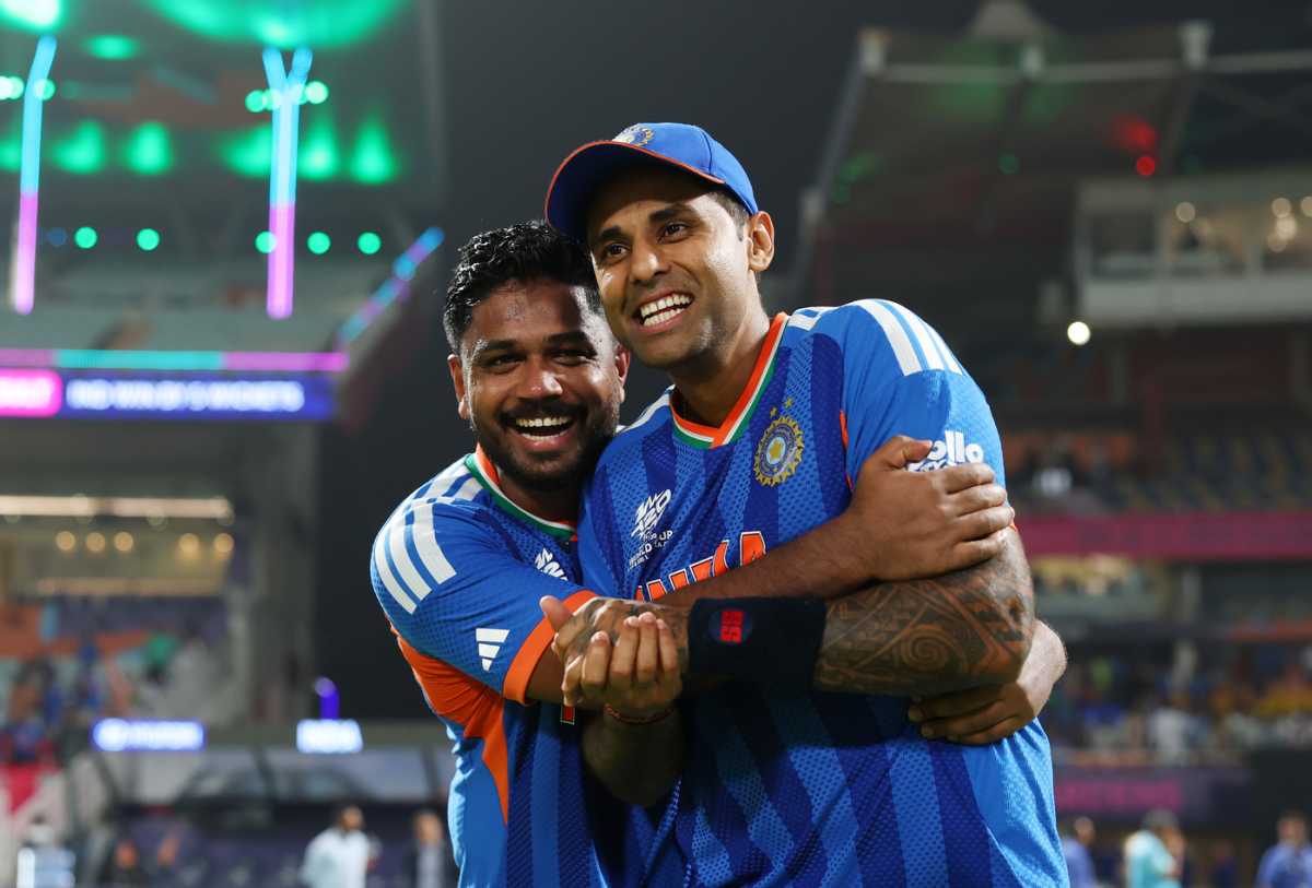 Sanju Samson and Suryakumar Yadav share a hug, India vs West Indies, T20 World Cup Super Eight, Kolkata, March 1, 2026