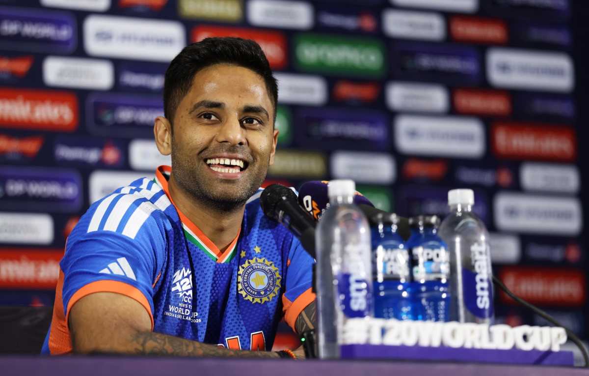 Suryakumar Yadav is all smiles at his pre-final press conference, India vs New Zealand, T20 World Cup final, Ahmedabad, March 7, 2026