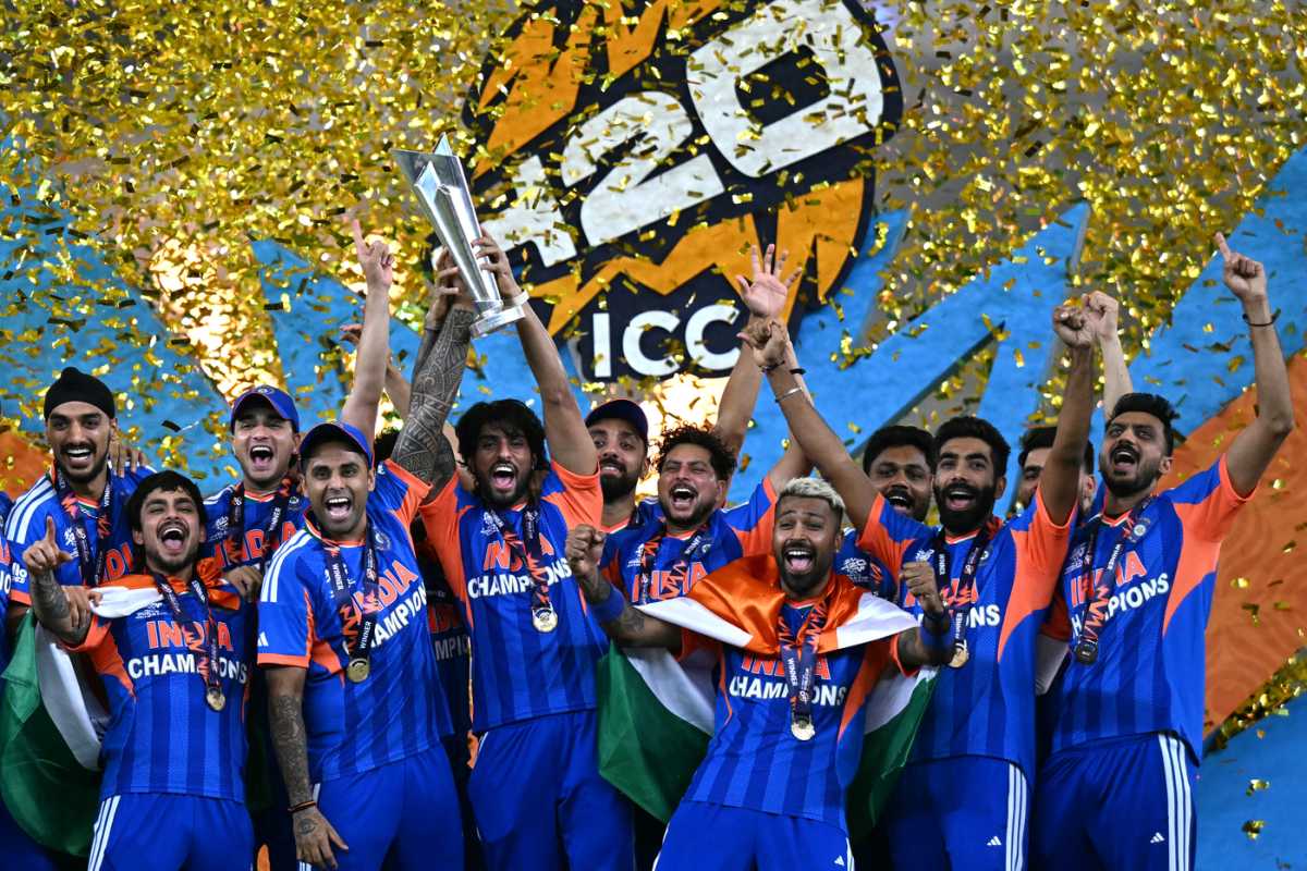 The India team celebrates with the World Cup trophy, India vs New Zealand, final, Ahmedabad, T20 World Cup, March 8, 2026
