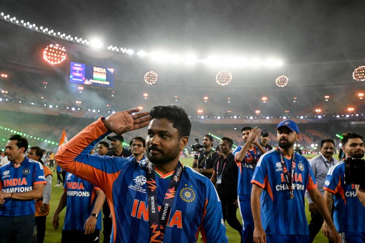Sanju Samson salutes the crowd during the team's victory lap, India vs New Zealand, T20 World Cup final, Ahmedabad, March 8, 2026