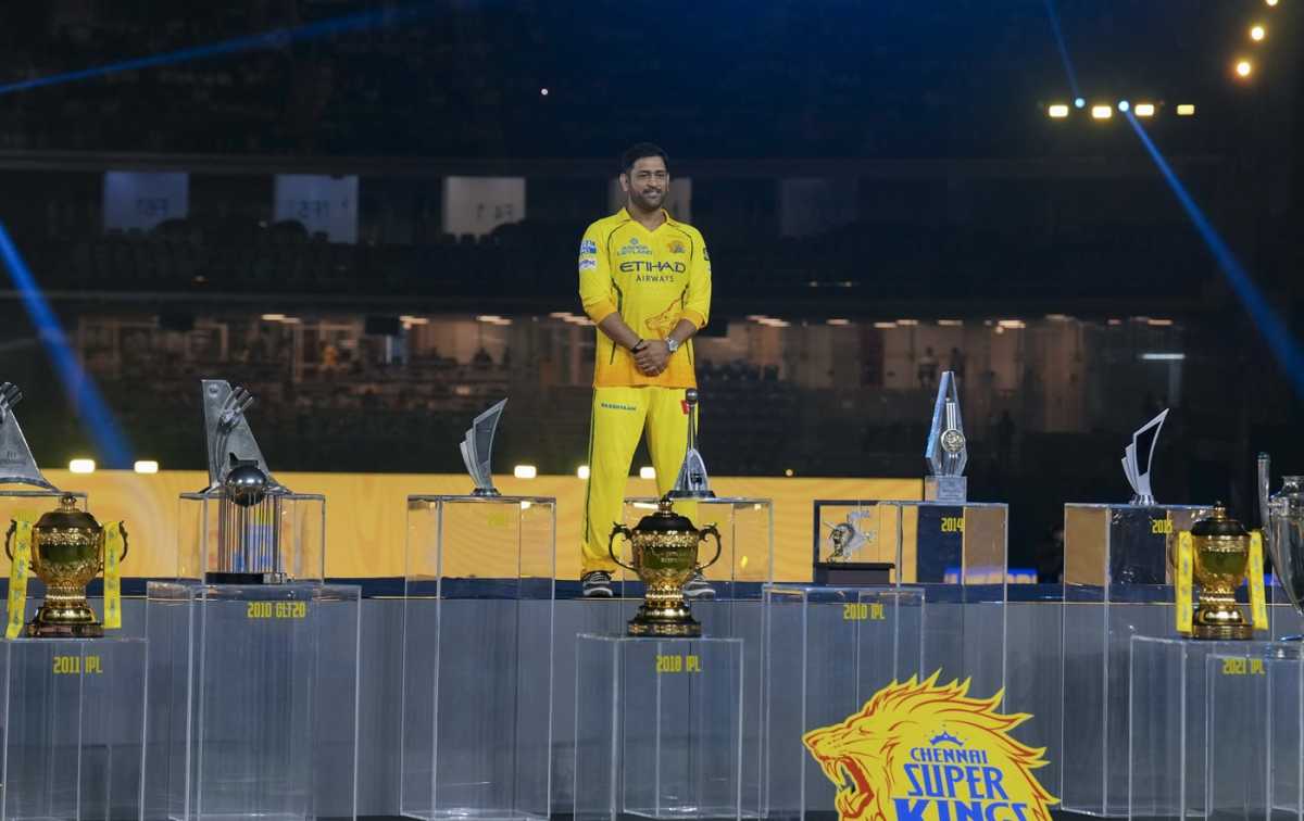 MS Dhoni poses with CSK's trophies, IPL 2026, Chennai, March 22, 2026