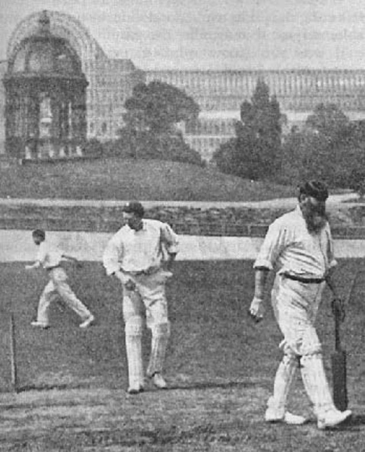 W G Grace finishes a practice session at London County's Crystal Palace ground, 1902
