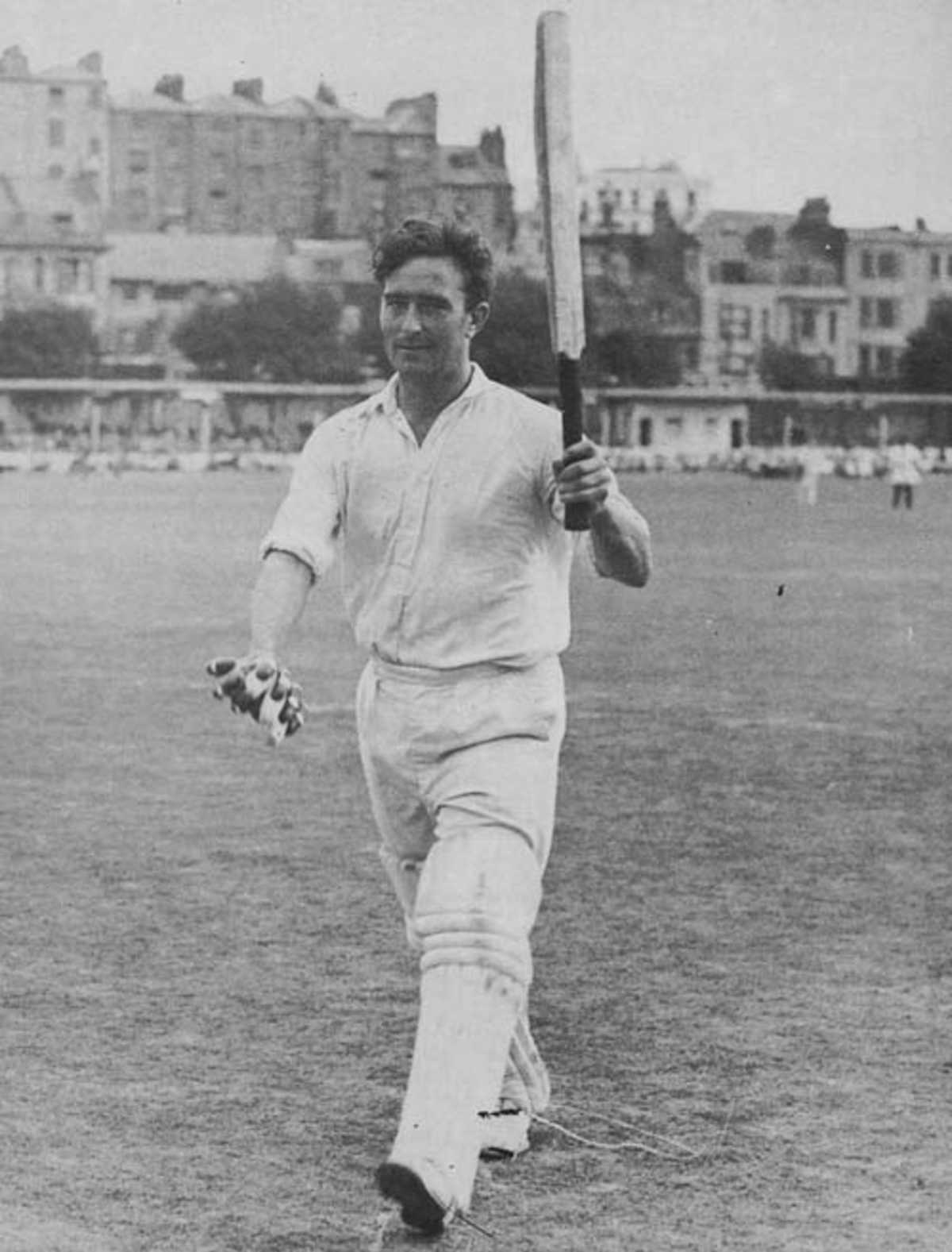 Denis Compt0n returns to the pavilion after breaking Tom Hayward's record of 3518 runs made in 1906, Hastings, 1947