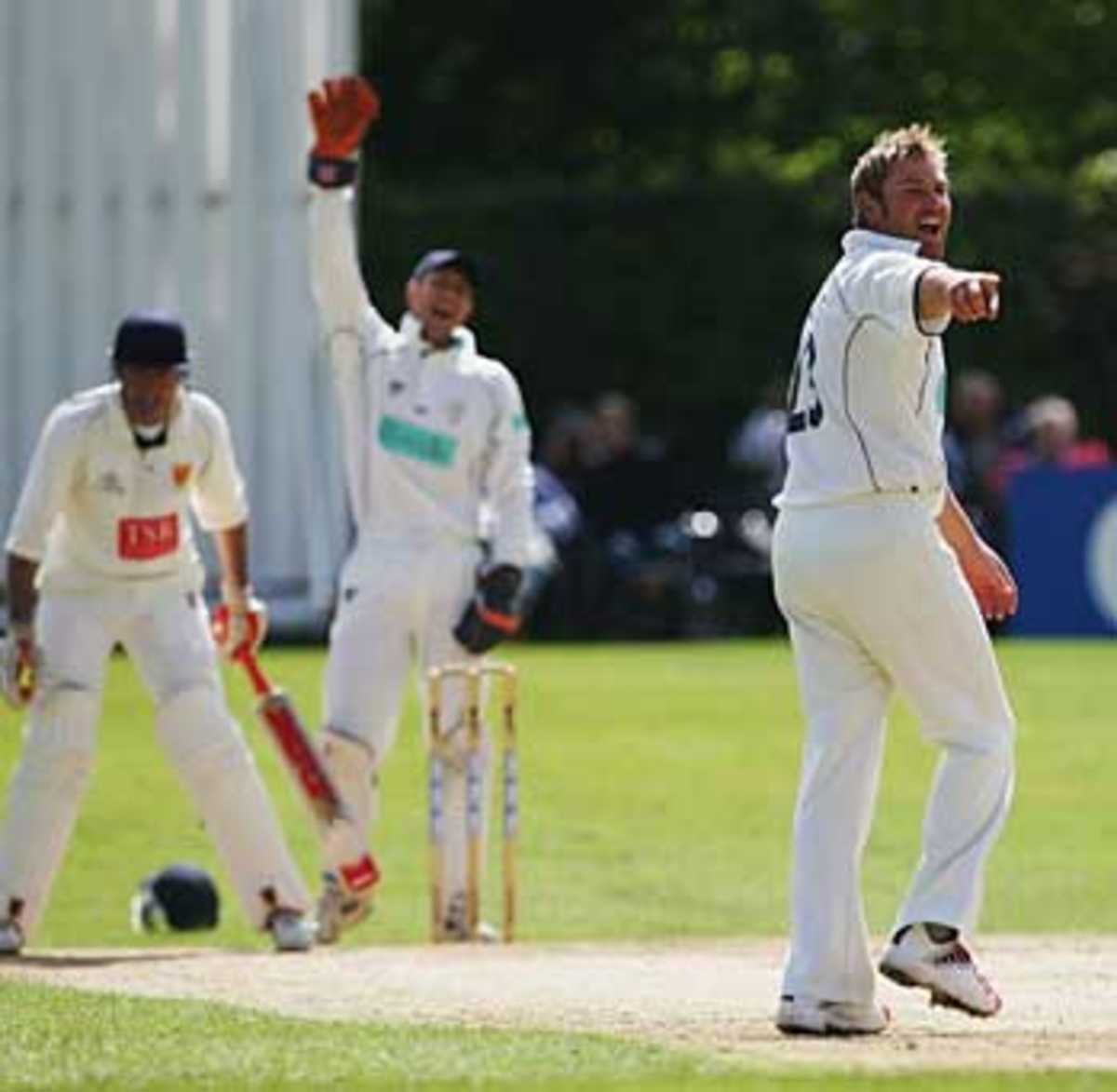 Shane Warne appeals against Shropshire in the C&G Trophy, Shropshire v Hampshire, Whitchurch, May 4