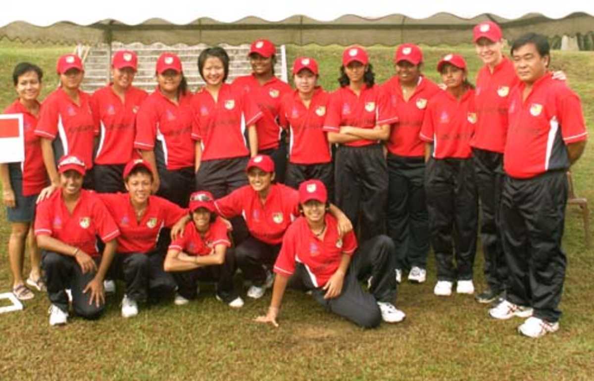 The Singapore team pose for photos after beating UAE by six wickets, Singapore women v UAE women, ACC women's tournament, Johor, July 16, 2007