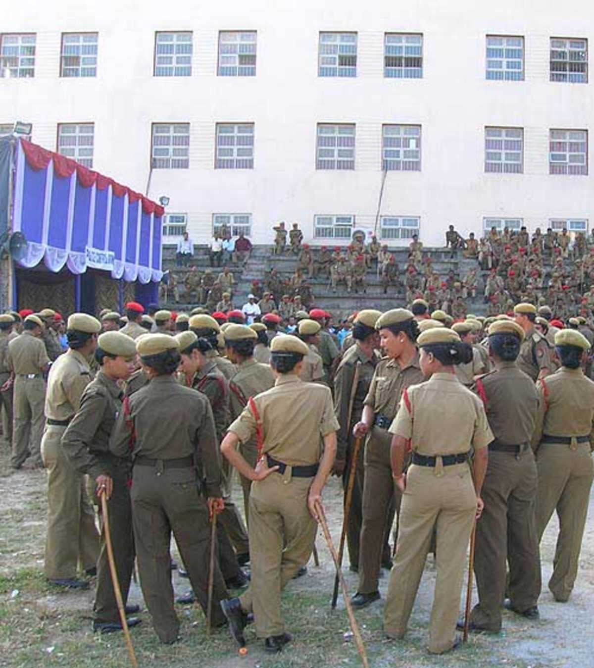 Security guards swarm the Nehru Stadium ahaed of the first one-dayer, Guwahati, November 3, 2007