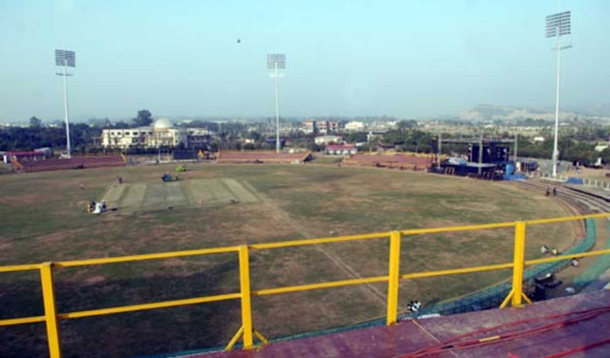 A view of the floodlights at the Tau Devi Lal Cricket Stadium