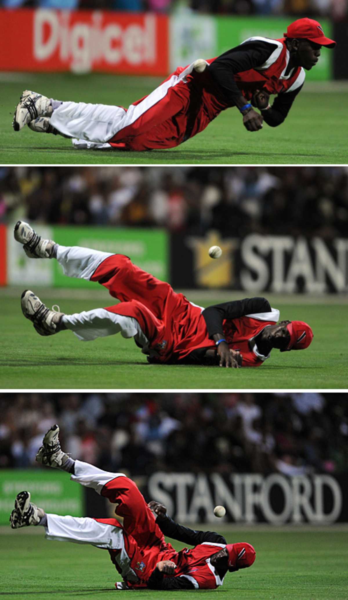 Trinidad's outfielding was slick, their catching less so. Kevon Cooper was one of three men to spill a chance, Stanford Superstars v Trinidad & Tobago, Antigua, October 25, 2008