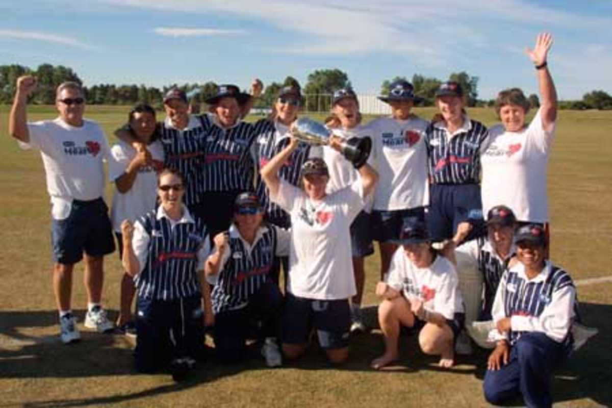 The Auckland women's team celebrate their victory in the 2000/01 State Insurance Cup. They defeated Canterbury by five wickets to defend the title. State Insurance Cup Final: Canterbury Women v Auckland Women at Village Green, Christchurch, 10 February 2001.