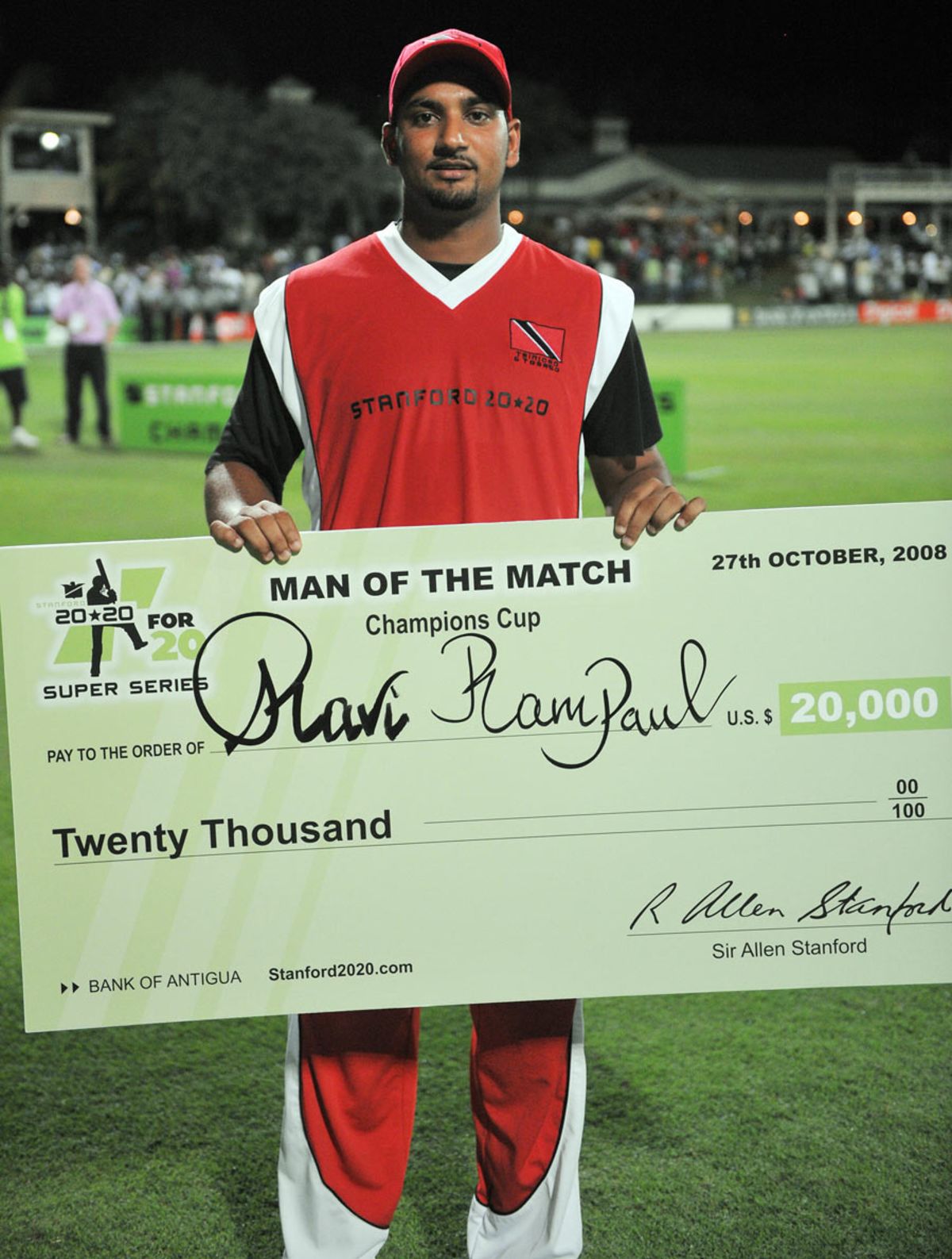 Ravi Rampaul with his Man-of-the-Match cheque, Trinidad & Tobago v Middlesex, Stanford 20/20, Antigua, October 27, 2008
