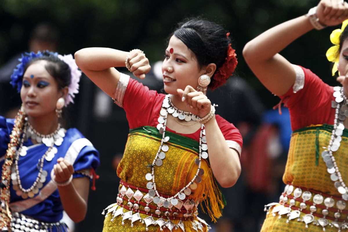 Bangladeshi Tribal Woman Wearing Traditional Clothing Dance At A Rally 
