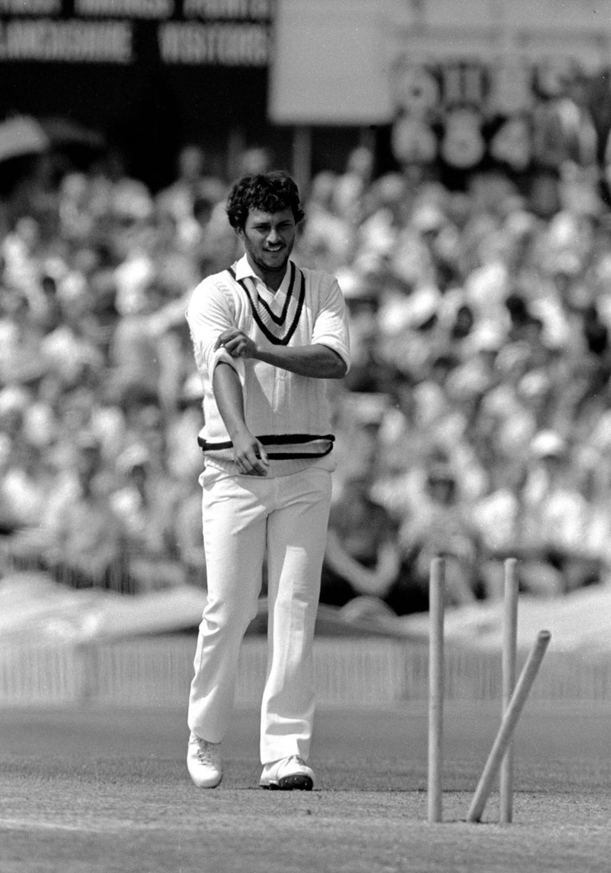 Roger Binny reflects at the damage done after bowling Graeme Fowler, India v England, 1st semi-final, 1983 World Cup, Old Trafford, June 22, 1983