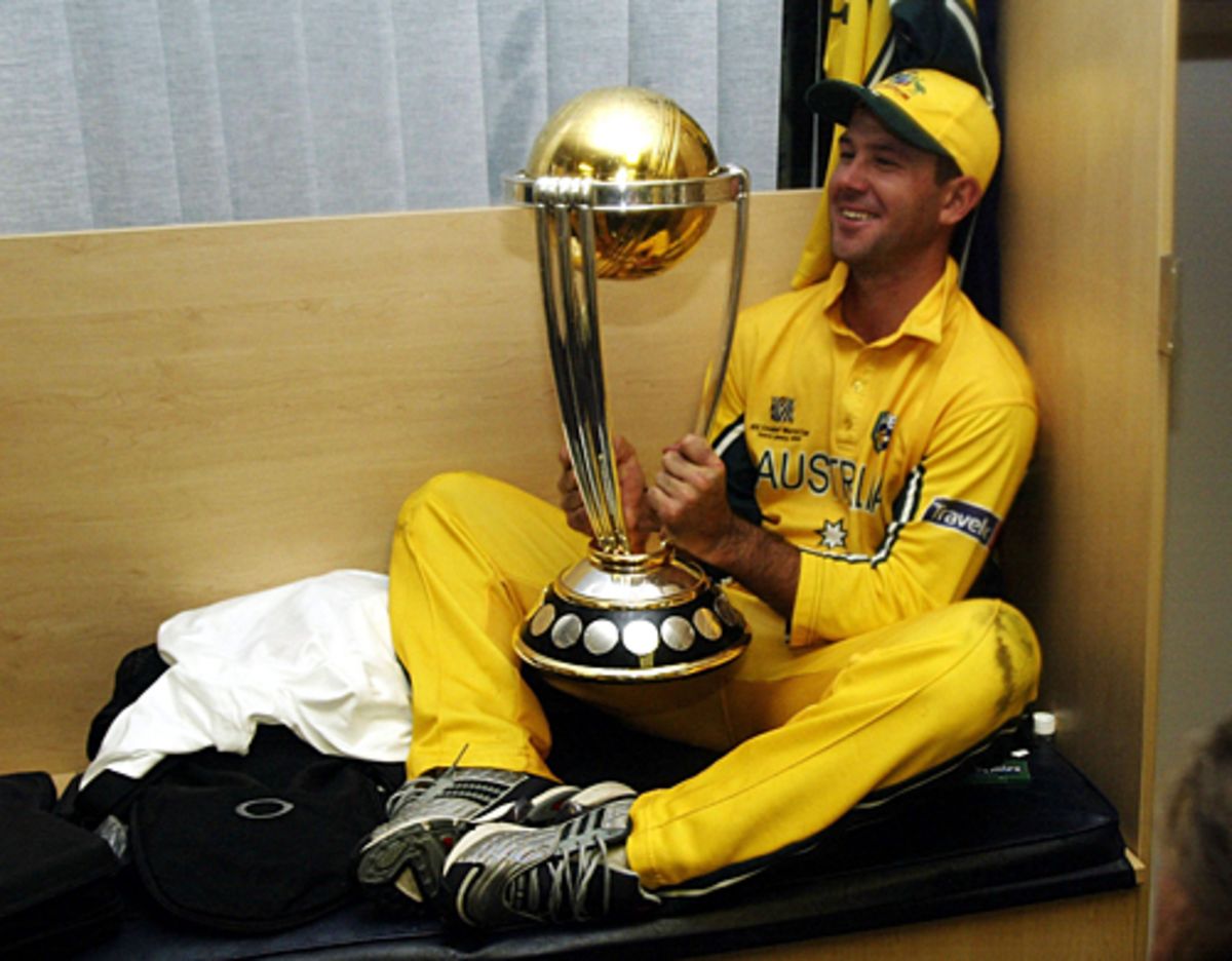 Australian captain Ricky Ponting holds the World Cup trophy after defeating  India in the finals at the Wanderers in Johannesburg | ESPNcricinfo.com