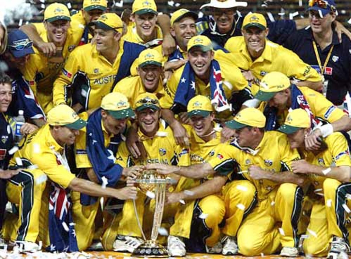 The Australian cricket team poses for photographers with Cricket World