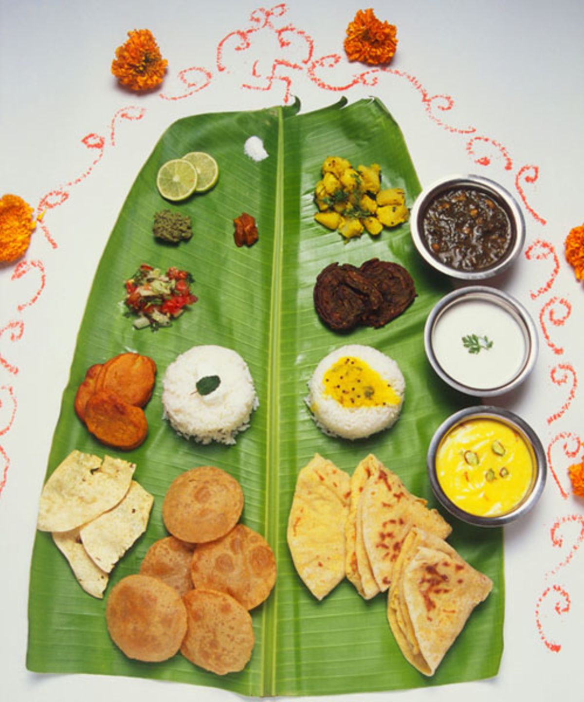 A traditional Maharashtrian thali , served on a banana leaf ...