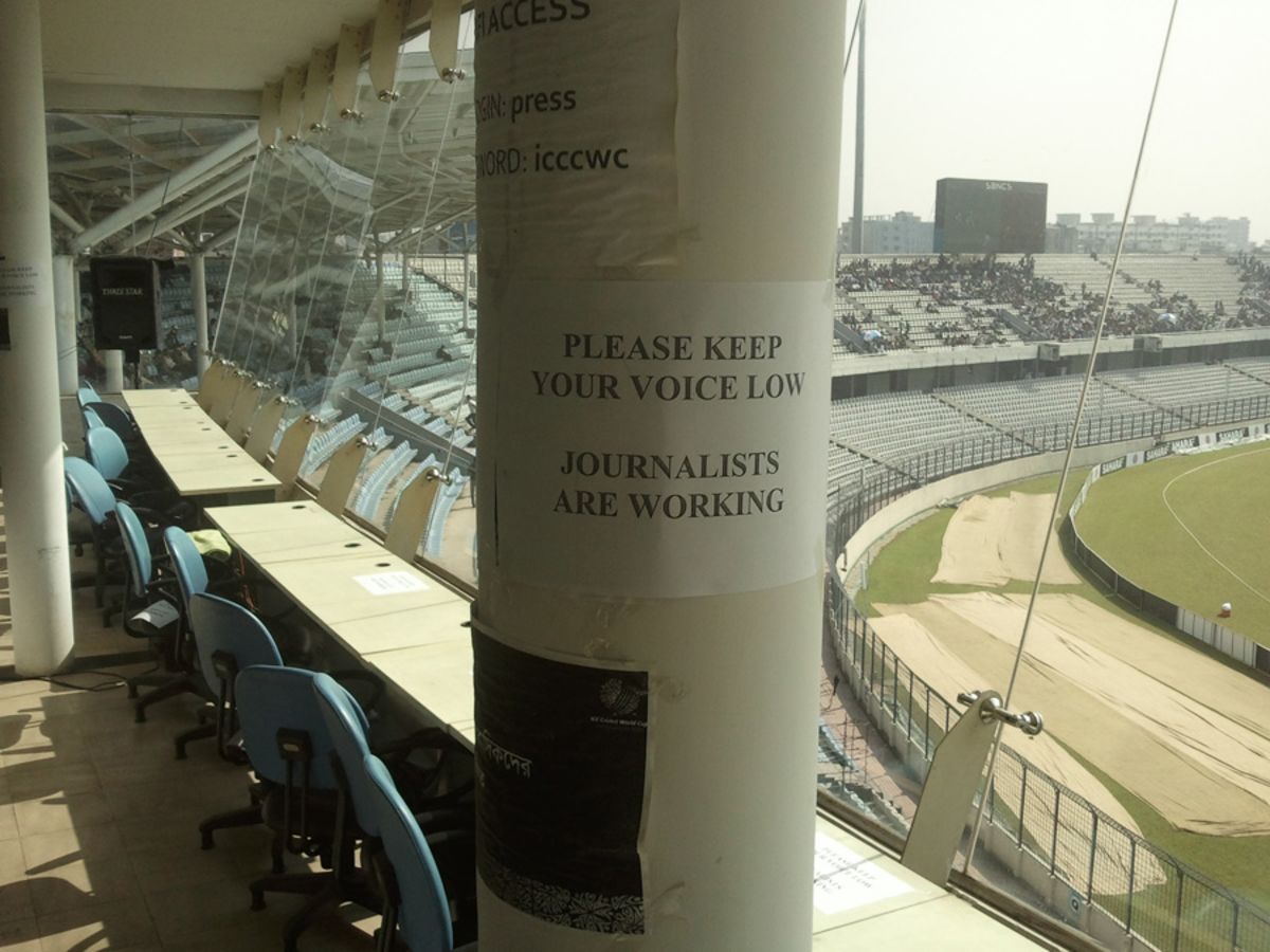 A notice inside the press box at the Shere Bangla Stadium, Bangladesh v West Indies, 1st Test, Mirpur, 2nd day, November 14, 2012