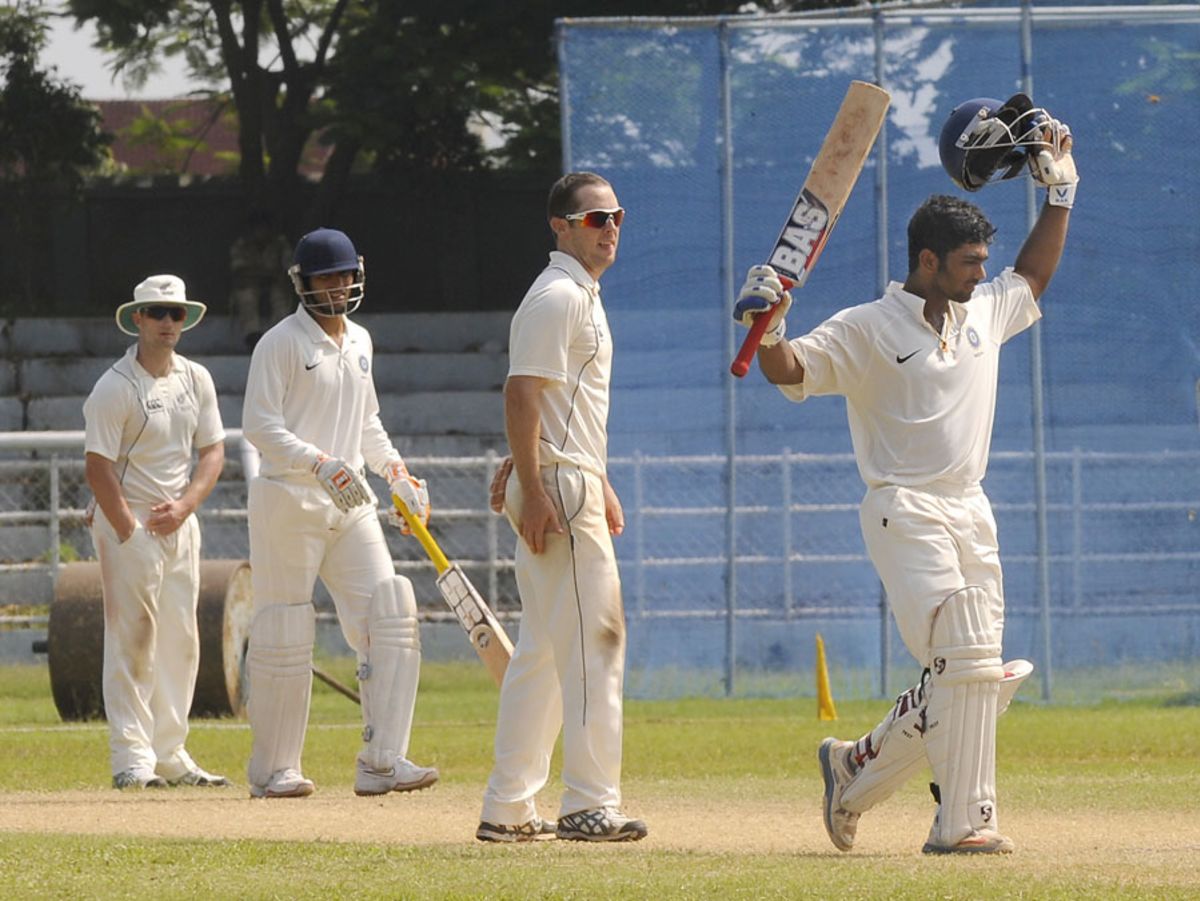 Abhishek Nayar Raises His Bat After Reaching A Century Espncricinfo Com