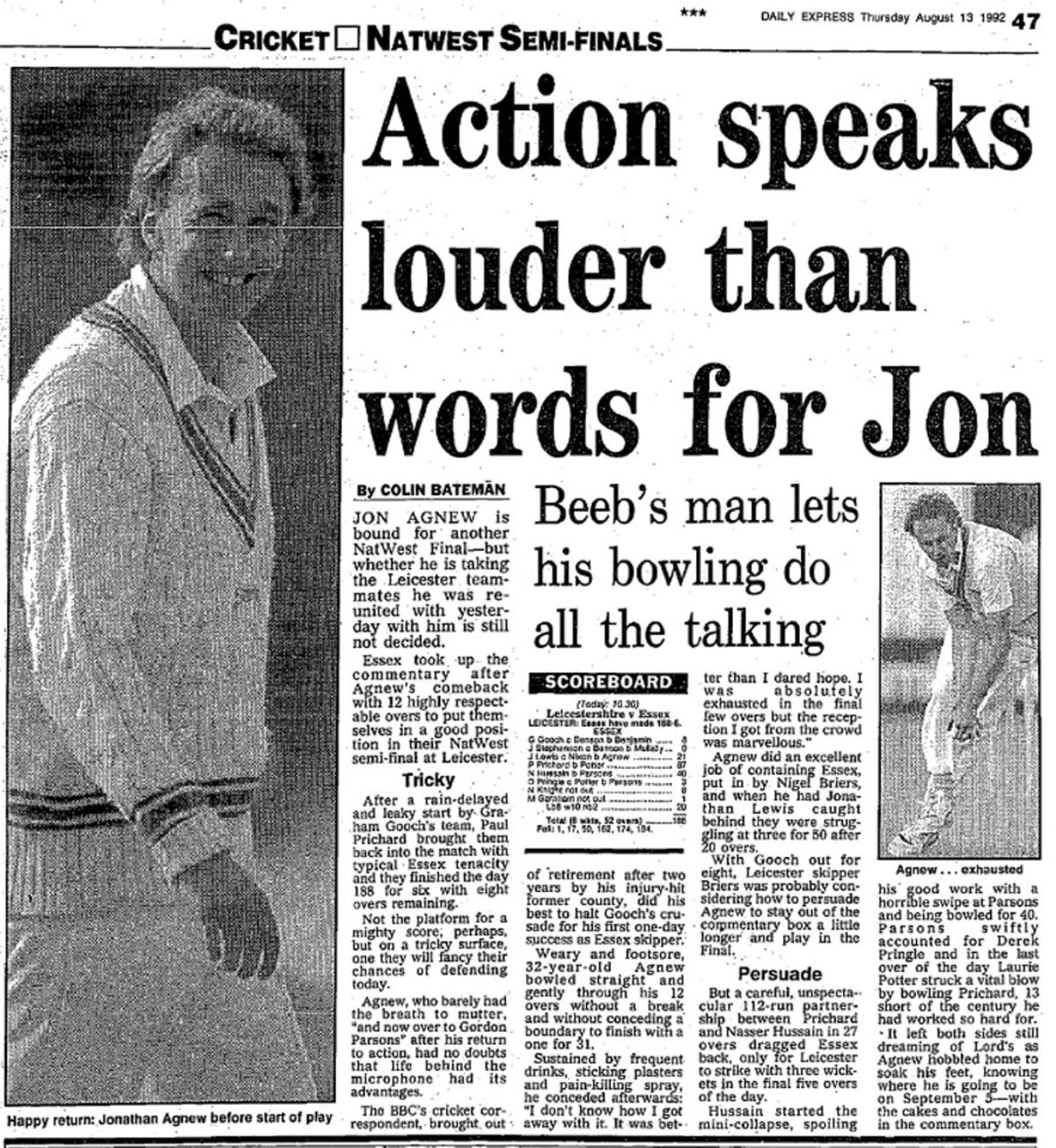 Press coverage of Jonathan Agnew's comeback