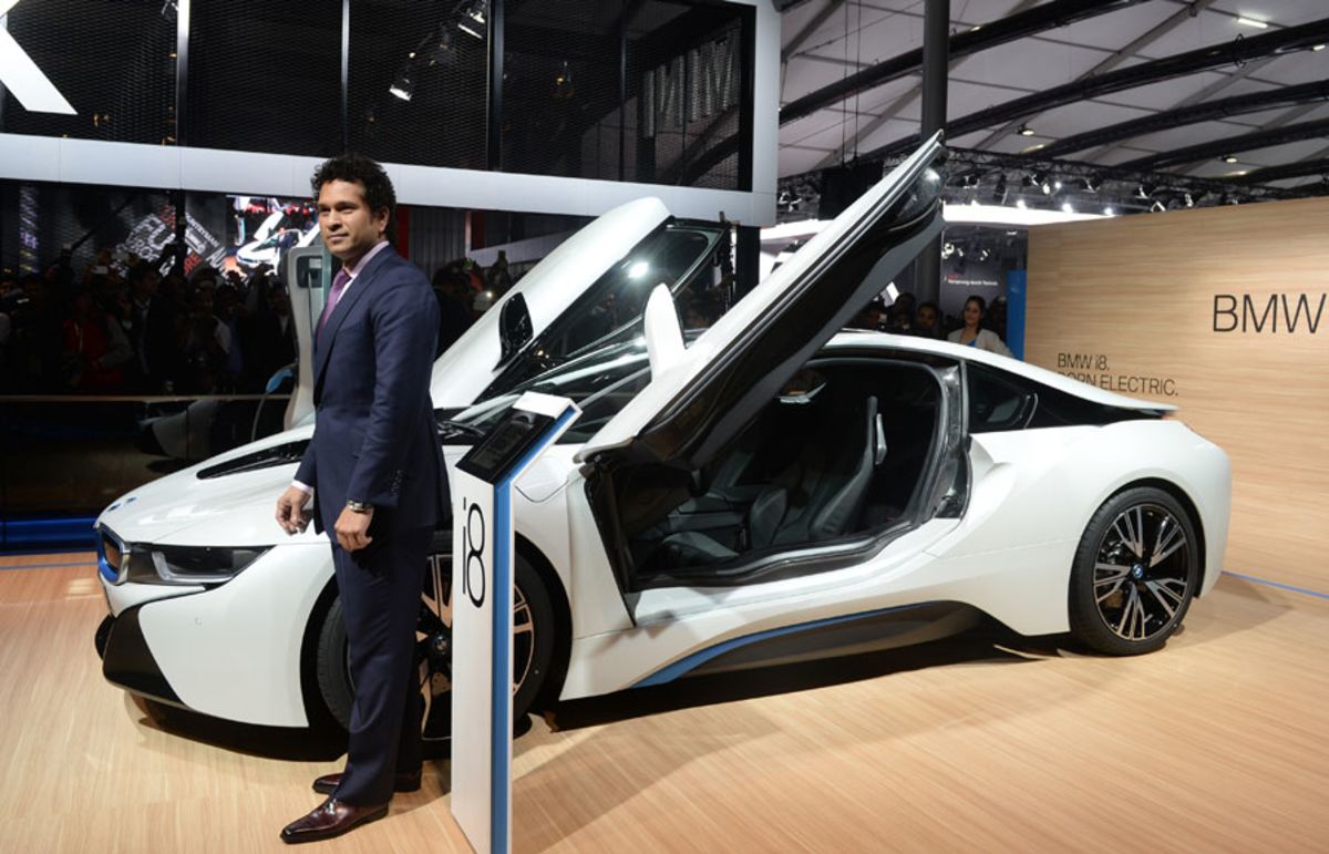 Sachin Tendulkar poses with the newly launched BMW i8 | ESPNcricinfo.com