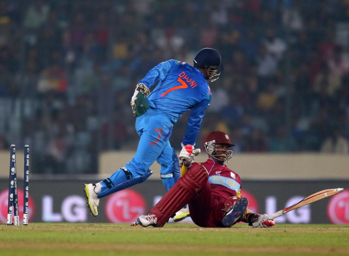 Marlon Samuels is stumped by MS Dhoni, India v West Indies, World T20, Group 2, Mirpur, March 23, 2014