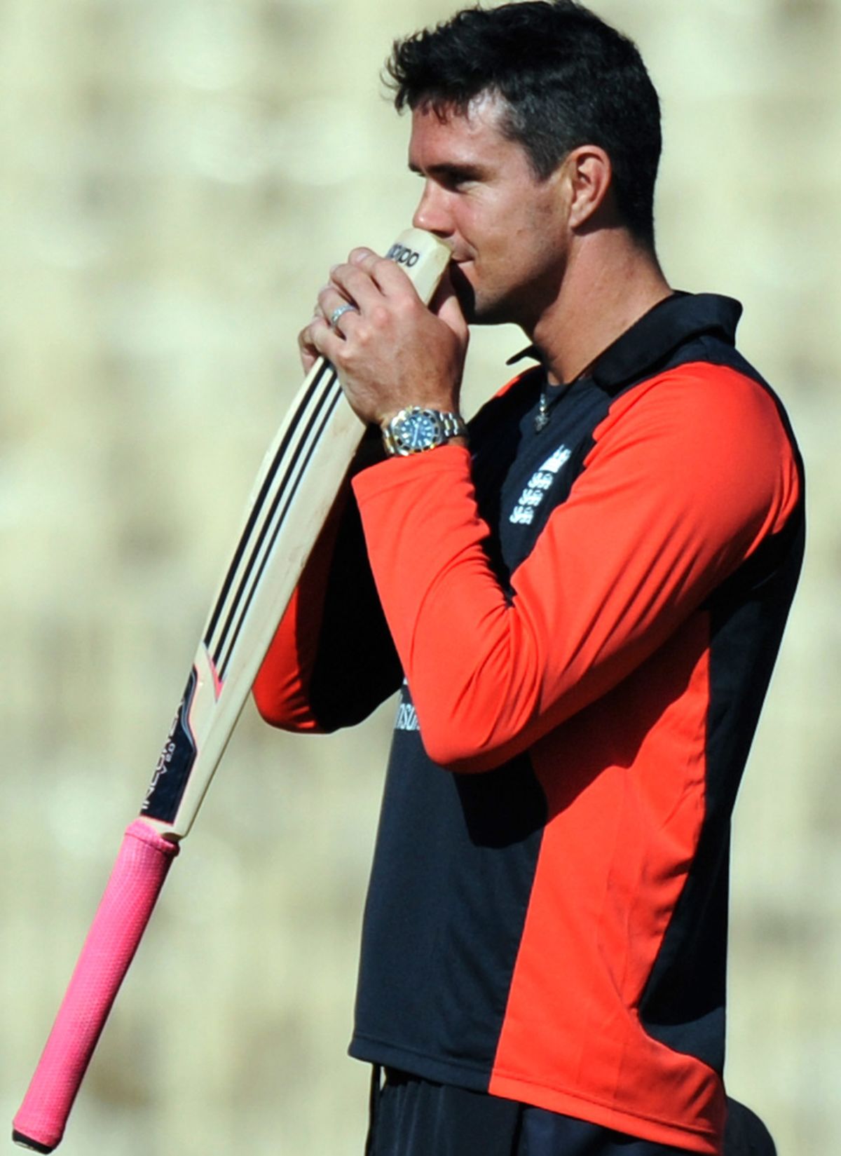 Kevin Pietersen holds his bat by the base at a training session, Chennai, March 4, 2011