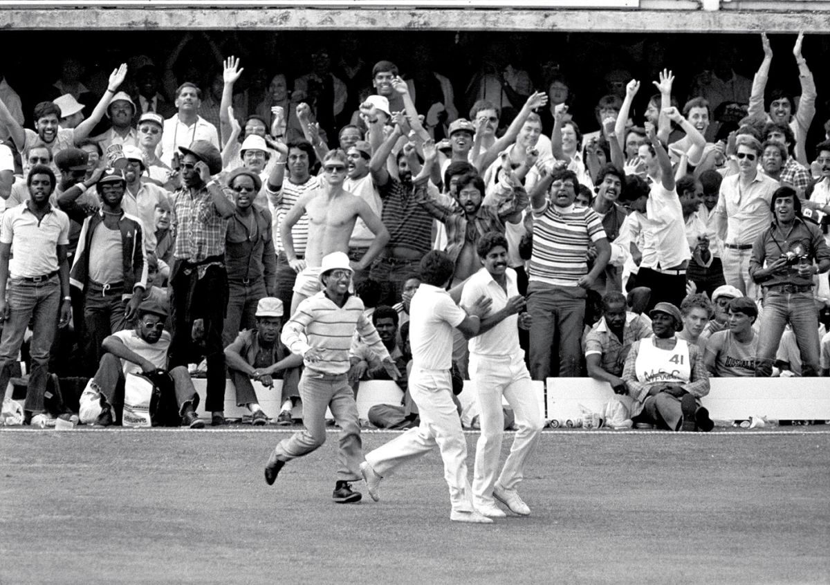 Kapil Dev is greeted by fans after taking the catch to dismiss Viv Richards, India v West Indies, World Cup final, Lord's, June 25, 1983