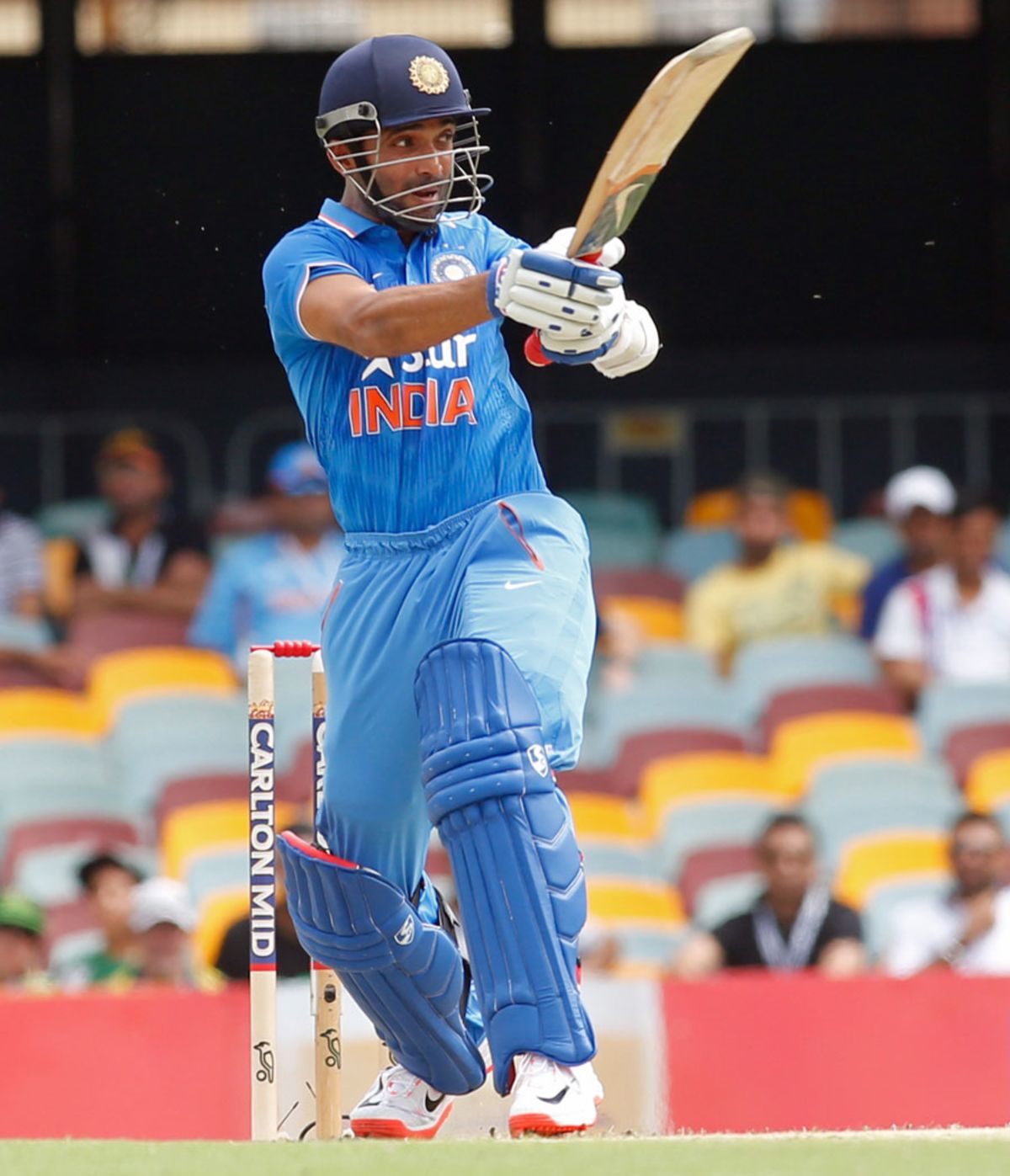 Ajinkya Rahane plays a pull shot during his innings of 33, England v India, Carlton Mid Tri-series, Brisbane, January 20, 2015