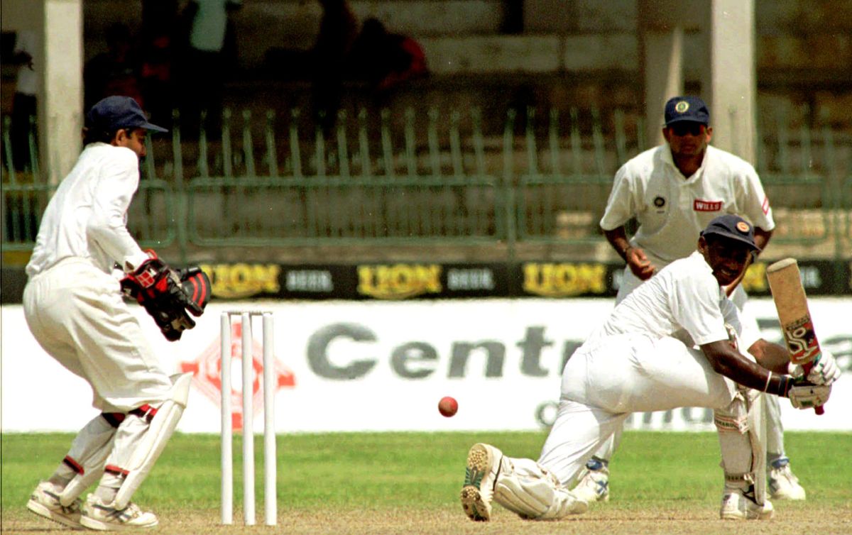 Sanath Jayasuriya sweeps on his way to a triple-century, Sri Lanka v India, 1st Test, Colombo, 4th day, August 5, 1997