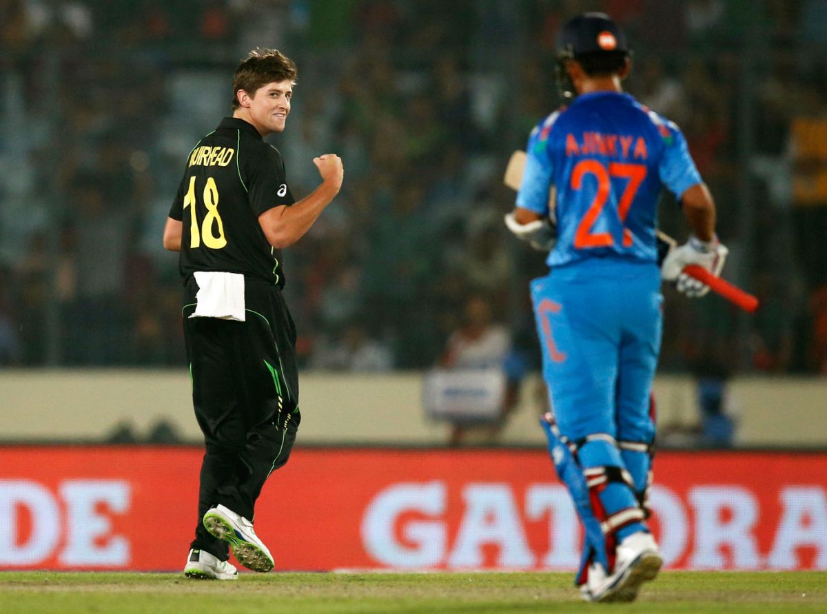 James Muirhead celebrates the wicket of Virat Kohli, Australia v India, World T20, Group 2, Mirpur, March 30, 2014