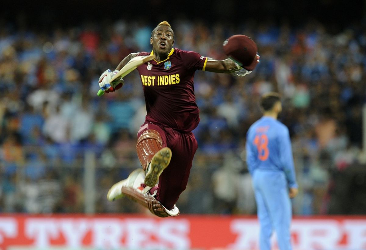 Andre Russell leaps for joy after sealing West Indies' win, India v West Indies, World T20 2016, semi-final, Mumbai, March 31, 2016