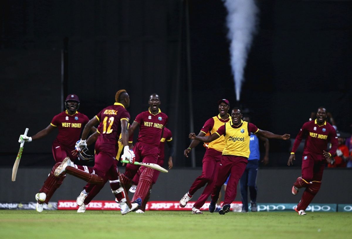 Andre Russell runs towards his team-mates after taking West Indies home, India v West Indies, World T20 2016, semi-final, Mumbai, March 31, 2016