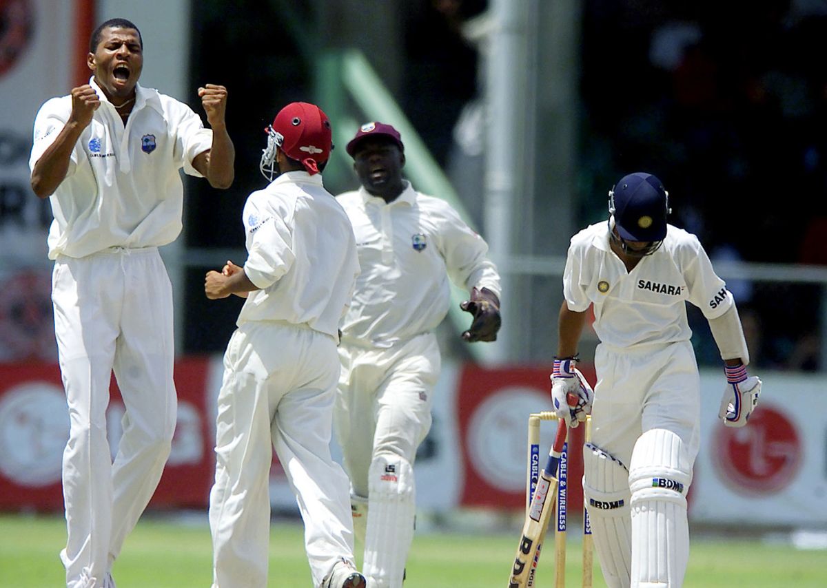 Mervyn Dillon celebrates the final wicket, West Indies v India, 3rd Test, Barbados, May 5, 2002