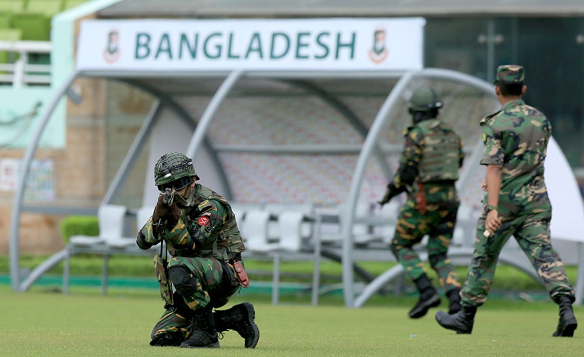 Security personnel conduct a mock drill at the Shere Bangla National Stadium on the eve of the first ODI between Bangladesh and England, Mirpur, October 6, 2016