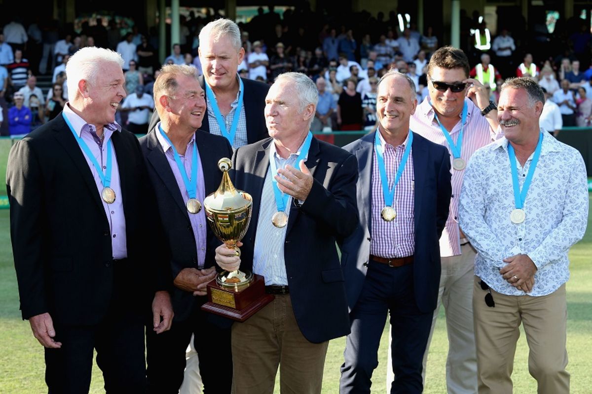 Members of Australia's 1987 World Cup winning squad strike a pose at