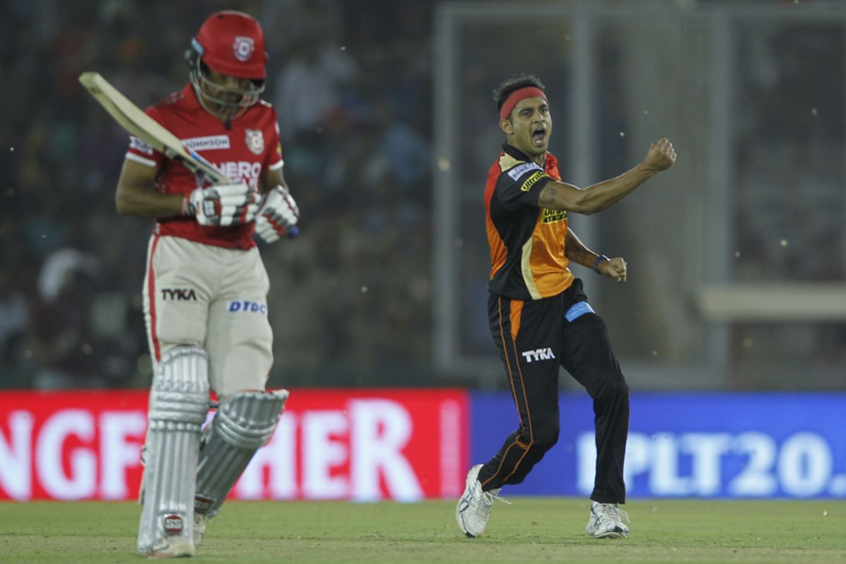 Siddarth Kaul punches in the air after bowling Wriddhiman Saha, Kings XI Punjab v Sunrisers Hyderabad, IPL 2017, Mohali, April 28, 2017