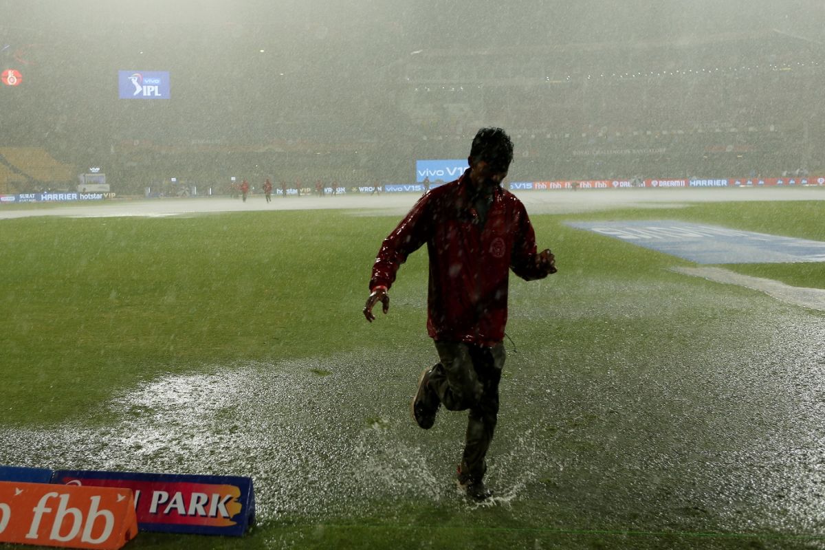 A member of the groundstaff gets drenched in Bengaluru, Royal Challengers Bangalore v Rajasthan Royals, IPL 2019, Bengaluru, April 30, 2019