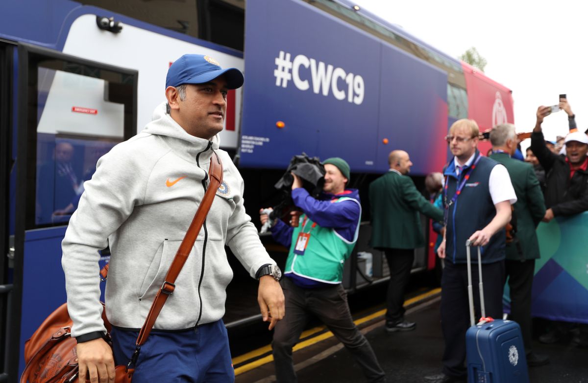 MS Dhoni walks out of the team bus, India v New Zealand, World Cup 2019, Trent Bridge, June 13, 2019