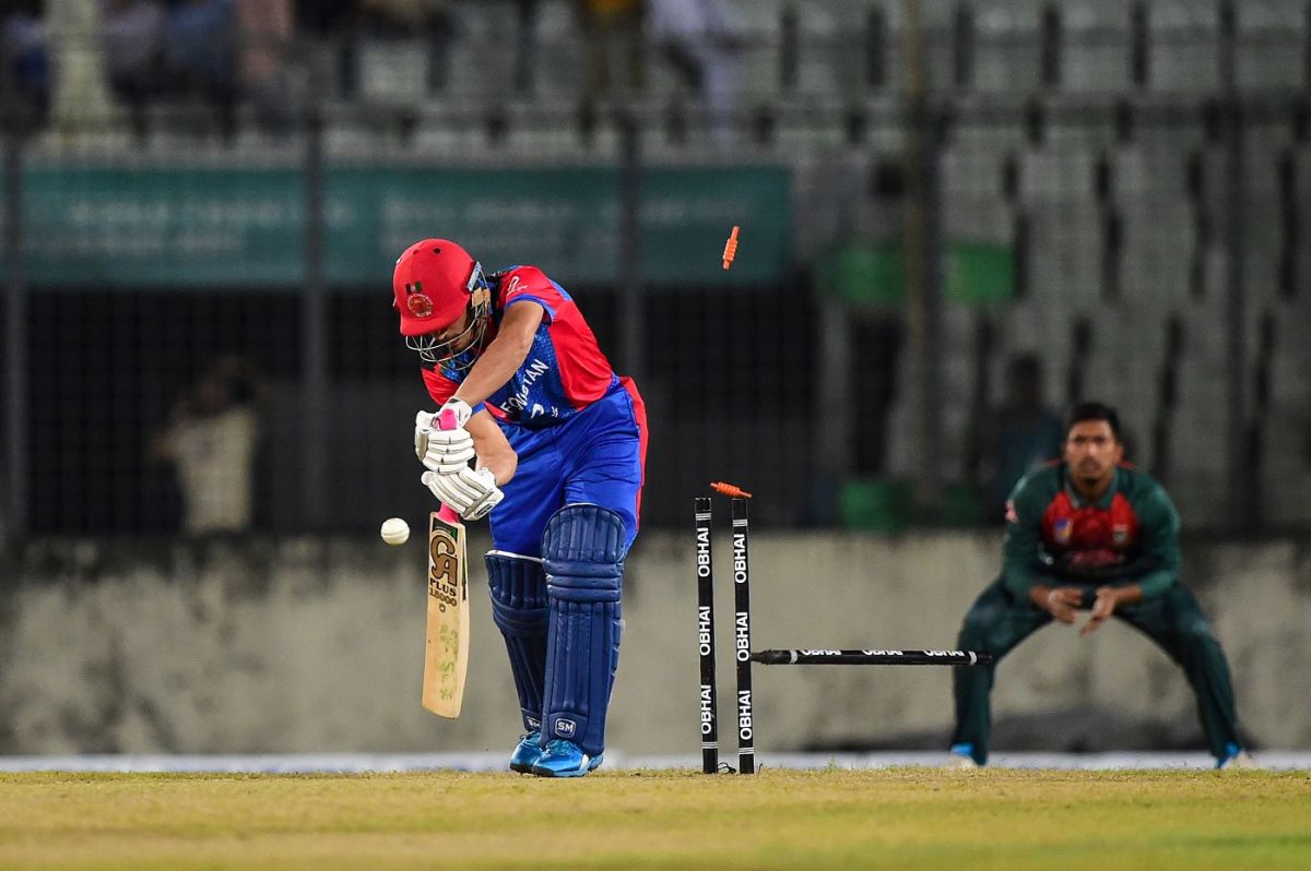 Rahmanullah Gurbaz has his stumps rearranged, Bangladesh v Afghanistan, T20I tri-series, Dhaka, September 15, 2019