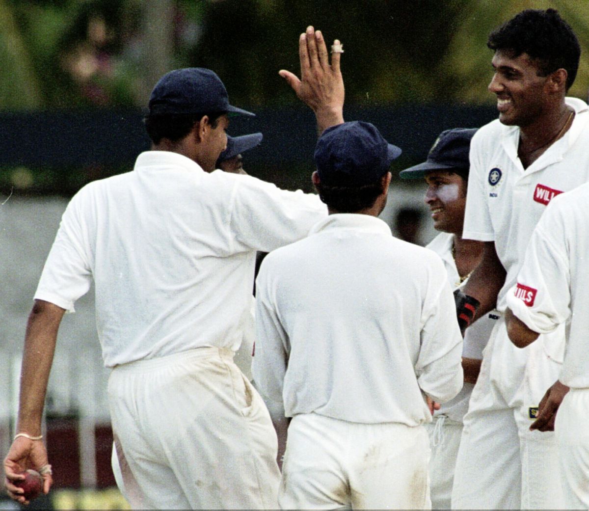 Abey Kuruvilla is congratulated by his team-mates after taking a wicket, Sri Lanka v India, 2nd Test, Colombo, 4th day, August 12, 1997