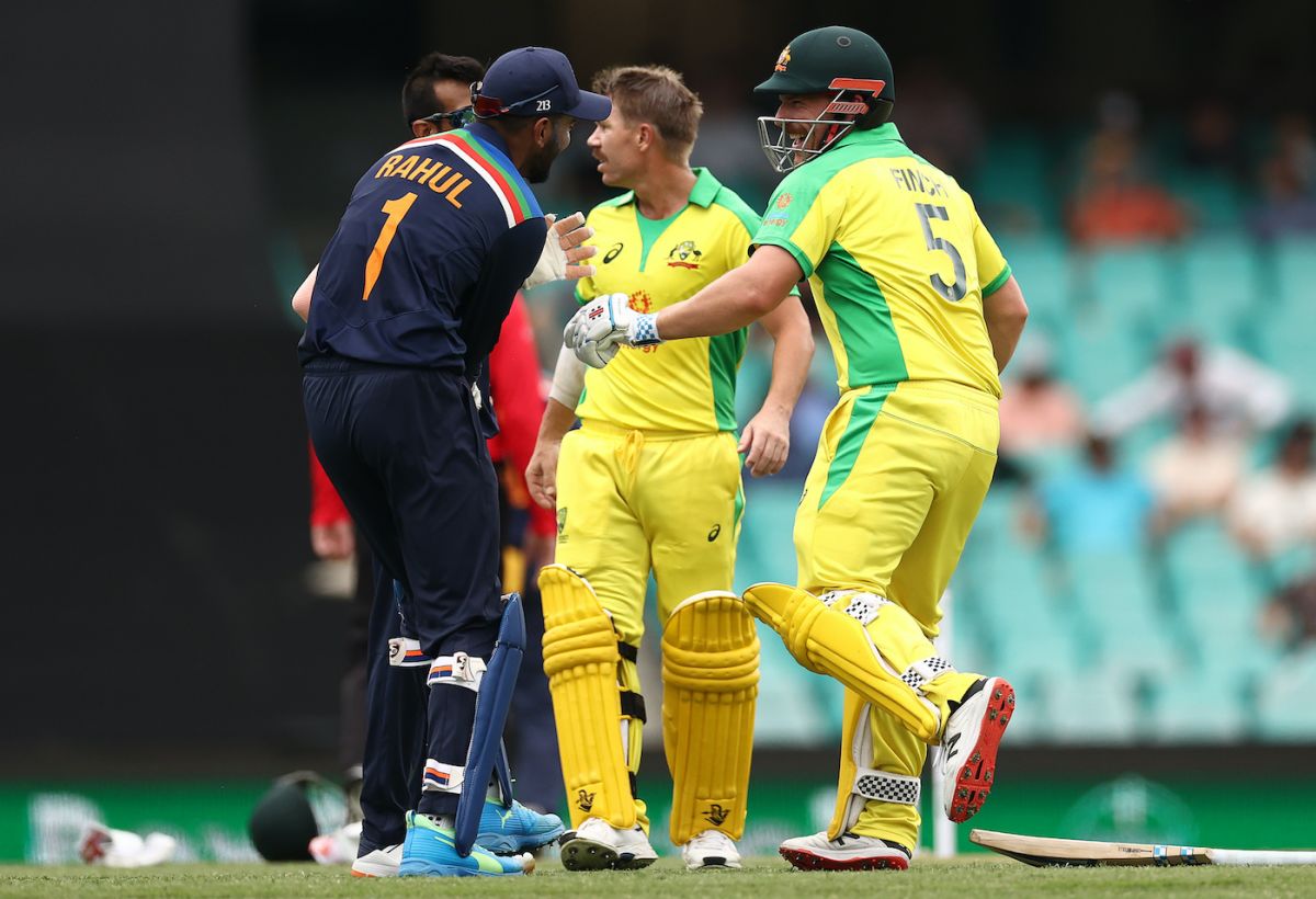 Aaron Finch and KL Rahul laugh after Finch was hit | ESPNcricinfo.com