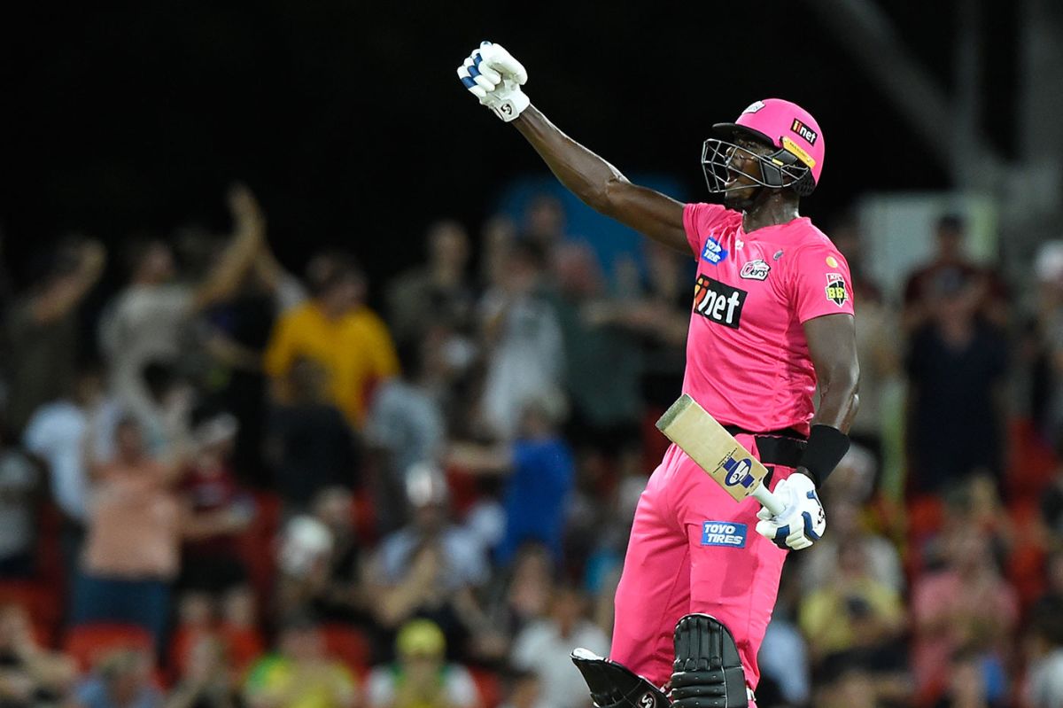Jason Holder celebrates his winning six