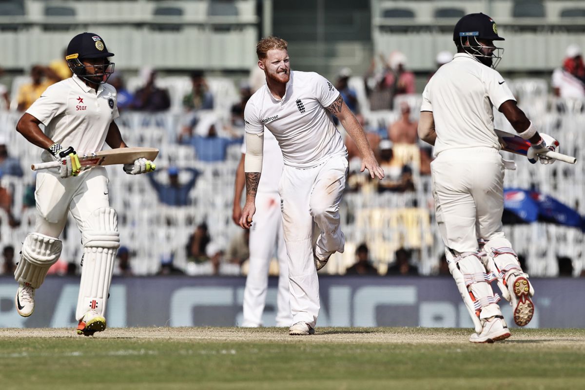 Ben Stokes watches as Karun Nair and KL Rahul take a run