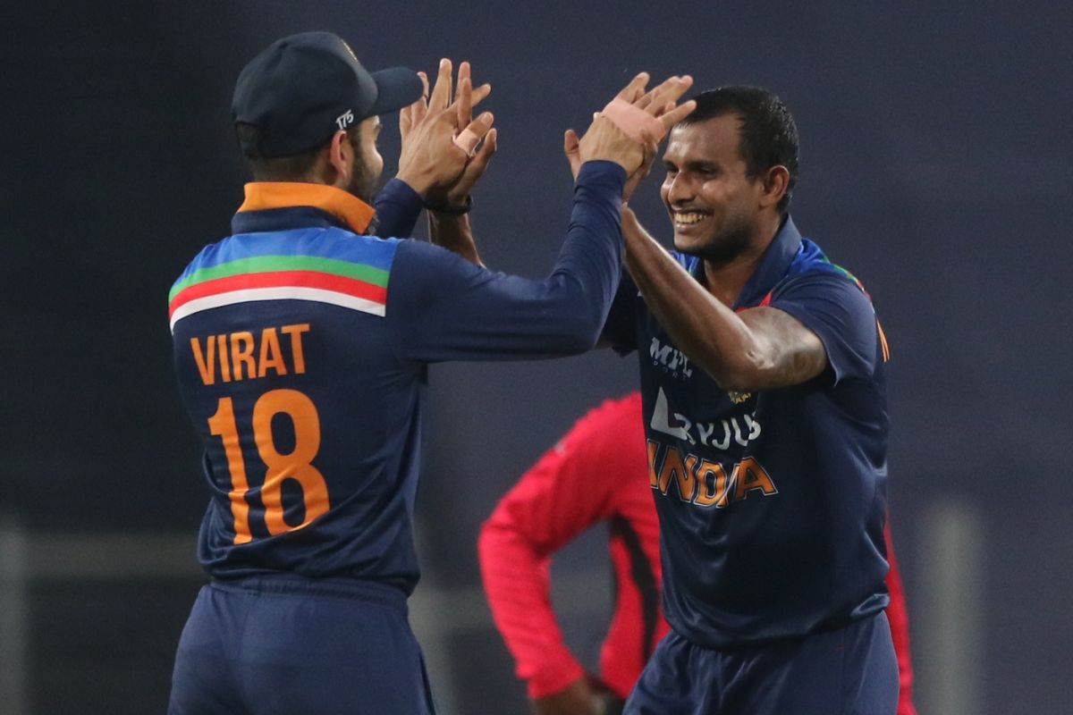 T Natarajan celebrates Ben Stokes' wicket with Virat Kohli ...